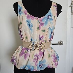 Rienda Gyaru Japan Bubble Hem Tropical Flower Tank Top With Iridescent Buttons